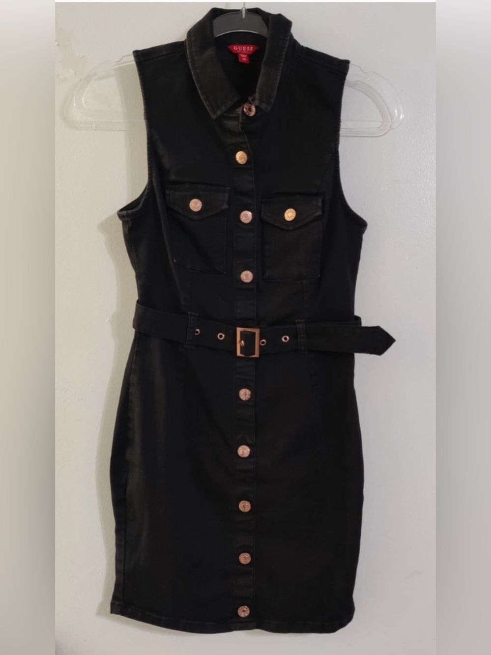 Guess Sleeveless Black Button-Front Belted Mini Denim Dress XS